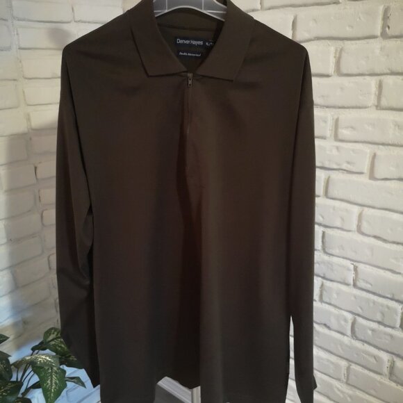 Denver Hayes Men's Size XL 1/4 Zip Long Sleeve Dark Brown 100% Cotton Polo - Picture 1 of 9